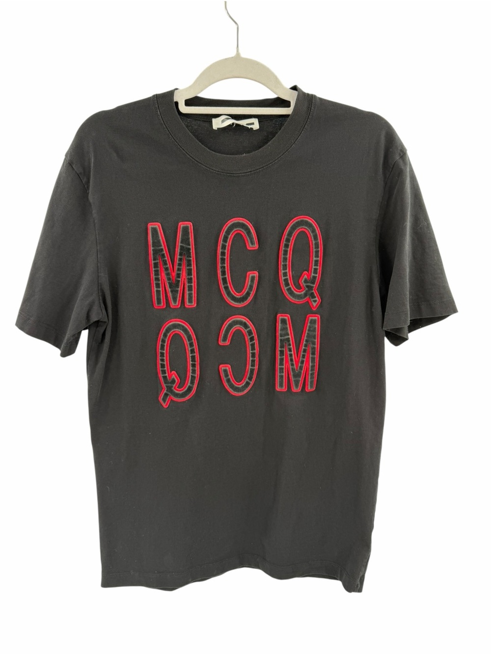 McQ Alexander McQueen Velvet Logo T-Shirt Black Red Crew Neck SS Men’s Size XL